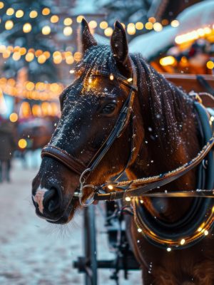 A horse-drawn carriage adorned with festive lights at a winter holiday market, Festive setting with snow-covered stalls and cheerful decorations, Photo of